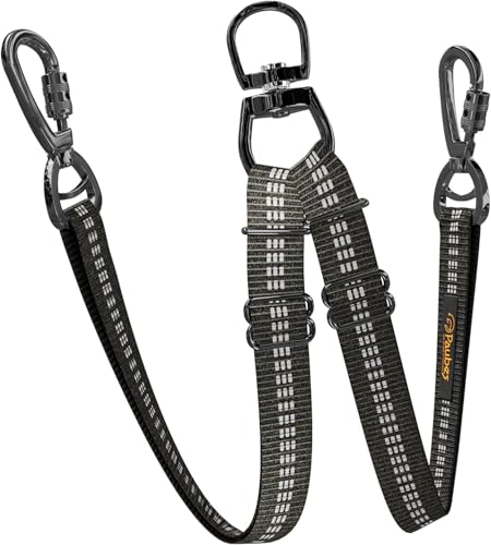 Double Dog Leash – Adjustable Length Long Leash for Dog Training – Dual Reflective Dog Leash with Non-Tangle Design – Heavy Duty Nylon and Metal Buckles – Ideal - color: Black