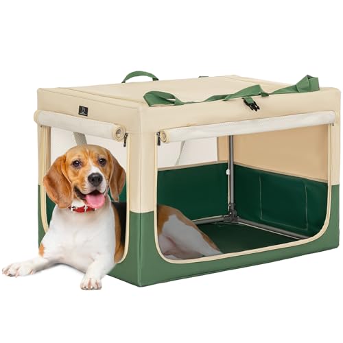 30" Collapsible Dog Crate for Medium Dogs - Portable Soft Travel Kennel with Lockable Zippers, Waterproof Base, Washable Cover, Patented Screw Frame for Adjustable Tension, Outdoor, Indoor, Car Use - color: Green+Beige, size: 30.0"L x 20.0"W x 19.0"H