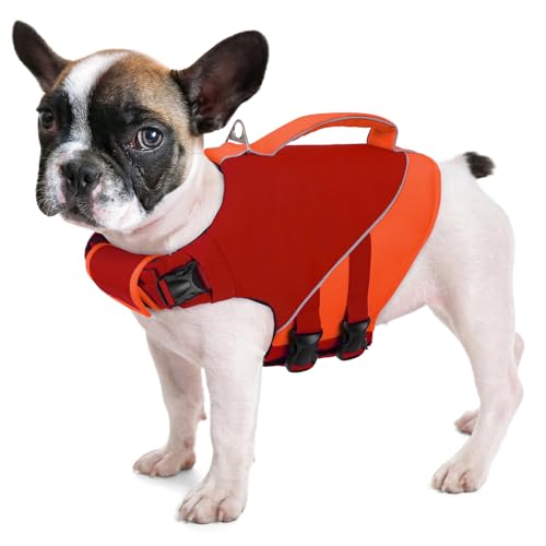 Queenmore Small Dog Life Jacket, Dog Life Vest for Swimming Boating, Puppy Swim Vest for Small Dogs, Ripstop High Visible Pet Water Vests with Strong Rescue Handle, Red S - color: Red, size: Small