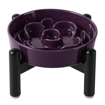 Elevated Slow Feeder Dog Bowl, 0.8 Cups Ceramic Raised Slow Feeder with Stainless Stand, 6.3 Inch Wide Lifted Dog Bowl for Small Breeds to Control Eating Speed, Purple - color: Purple, size: Small with Stand