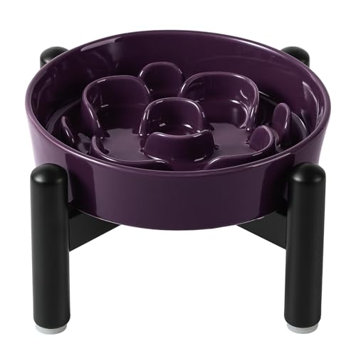 Elevated Slow Feeder Dog Bowl, 0.8 Cups Ceramic Raised Slow Feeder with Stainless Stand, 6.3 Inch Wide Lifted Dog Bowl for Small Breeds to Control Eating Speed, Purple - color: Purple, size: Small with Stand