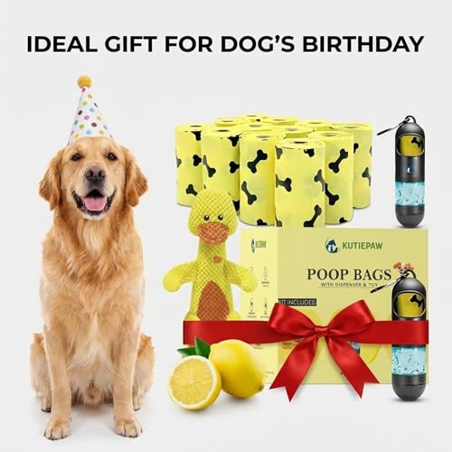 Dog Poop Bag Kit - 180 Biodegradable Lemon Scented Poop Bags for Dogs, Duck Plush Toy & Dispenser with Sanitizer - Leak Proof Extra Thick Compostable Dog Waste Bags for Eco-Friendly Walks - style: DOG KIT