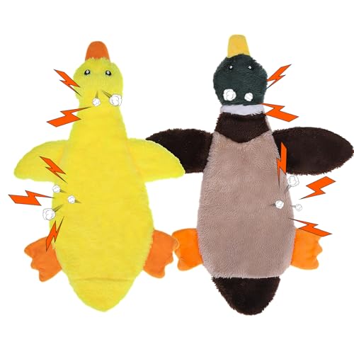 PAWCHIE Squeaky Dog Toys for Small Medium Large Dogs, No Stuffing Crinkle Puppy Toy,Soft Pet Plush Teething Toys 2 Pcs Mess-Free Interactive Chew Toy for Boredom Best Birthday Gift, Yellow & Wild Duck