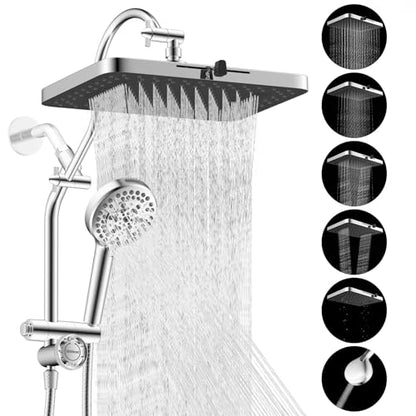 Hibbent cUPC Certified 13'' Shower Head Combo, High Pressure 5 Spray Rainfall Showerhead, 10 Spray Mode Handheld, All Metal Easy Reach 4-way Diverter Arm with Pause Mode, 71'' Hose and Holder, Chrome - color: Chrome, style: Square 13"