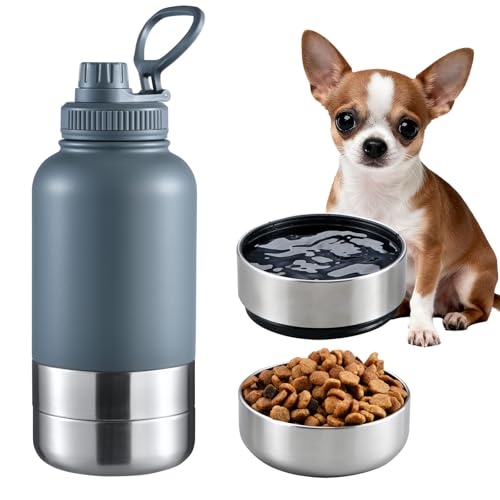 Cibaabo Insulated Dog Water Bottle with 2 Bowls, 32oz Travel Stainless Steel Double Wall Thermos, Portable Pet Dispenser, Gifts for Puppy Small Medium Dogs Walking Hiking and Camping - color: Slate Gray