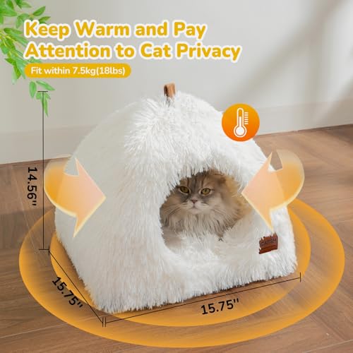 CATISM Cat Bed, Cat Cave for Indoor Cats, Soft Cat Dome, Self-Warming 2 in 1 Foldable Pet Cat House with Washable Cushioned Pillow Calming Fluffy Dog Beds for Small Dogs with Anti-Slip Bottom White - color: White