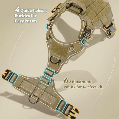 rabbitgoo Tactical Dog Harness Medium Sized, No Pull Upgraded Reflective Heavy Duty Molle Vest with Handle, Adjustable Military Service Dog Vest for Walking Hiking Training, Brown, M - color: Brown Reflective, size: Medium