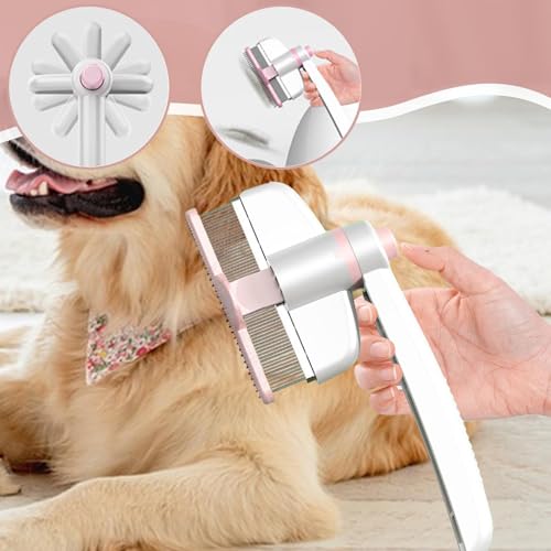 Pets Grooming Comb - Dog Hair Comb | Rotation Design Pet Grommer Comb with Release Button | Detangling Cat Comb | Dematting Comb | Cat Comb for Pets Removing Loose Hair for Shedding and Detangling - color: Pink