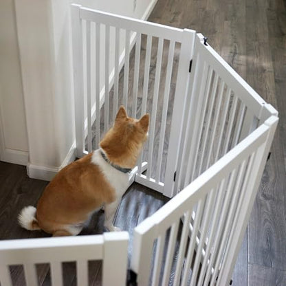 WELLAND Wooden Freestanding Pet Gate, 4 Panel 24 Inch Step Over Fence, Expands Up to 80" Wide, Foldable Indoor Dog Gate Puppy Safety Fence, White - color: White, size: 4 Panel 80" Wide