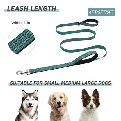 Hikiko 5 FT Heavy Duty Dog Leash with 2 Padded Handles Reflective Nylon Double Handle Dog Leash, Dark Green - color: Dark Green, size: 1 in x 5 ft