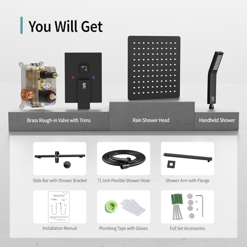 SR SUN RISE 10 Inch Slide Bar Shower Faucet Luxury High Pressure Shower Heads and Handheld Spray Combo Set Wall Mounted Shower System Included Valve and Trim Kit, Matte Black - color: Matte Black, style: 10"
