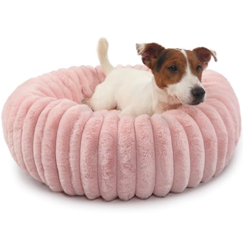 Donut Small Dog Bed Washable Cute Puppy Beds with Corduroy Fleece & Anti Slip Bottom, Round Faux Fur Pet Snuggle Beds for Large Cat, Pink, Small Breed 23x23x5.5 inches - color: Blush Pink, size: 23"L x 23"W x 5.5"Th