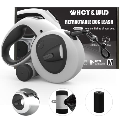 HCY&WLD Upgrade 4-in-1 Retractable Dog Leash with LED Light & Dispenser & Poop Bags, 16 ft Heavy Duty Dog Leash with Anti-Slip Handle for Dogs up to 66 lbs, 360° Tangle-Free, One Button Brake & Lock - size: Medium