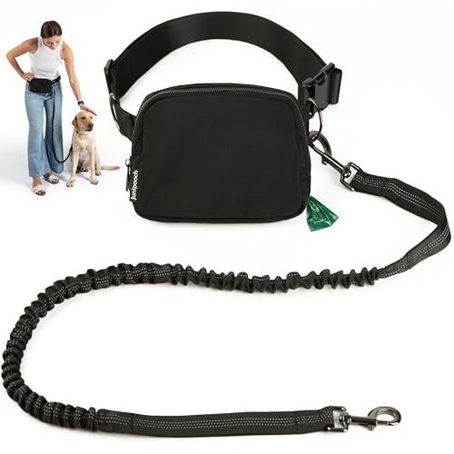Hands Free Dog Leash with Dog Treat Pouch - Stylish & Trendy Waist Leash for Dog Walking - Wear on Waist or Crossbody - Durable & Detachable - Shock Absorbing - Waste Bag Dispenser - Walk or Run - color: Black