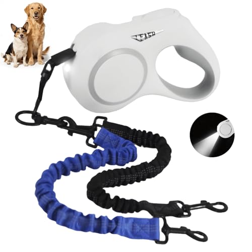 16.4ft Dual Retractable Dog Leash for Medium Dogs 35–55 lbs, USB Rechargeable LED Light, 360° Tangle-Free, Detachable Front Lead & Emergency Ready, Reflective Elastic (White) - color: White