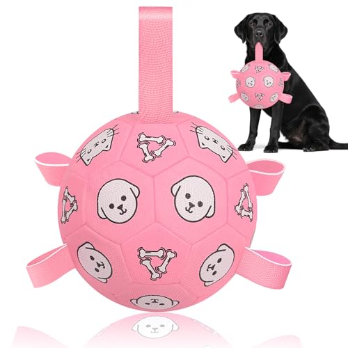 8 Inch Dog Soccer Ball with Straps, Jolly Ball for Medium Dogs | Interactive Dogs Toy for Tug of War, Water Toys, Durable Large Dog Balls for Outside Play Outdoor Training, Birthday Gift - color: Pink, size: Large-8 Inch