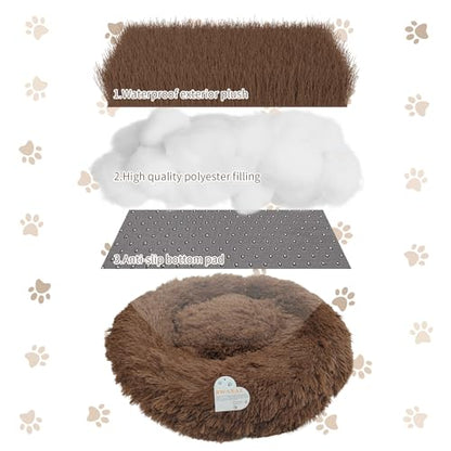 Deluxe Calming Dog Bed for Small Medium Dogs & Cats - Anti-Anxiety Donut Cuddler Cozy Warm Soft Fluffy Faux Fur Round Beds Sizes 20" Puppy Bed (Khaki, X-Small)