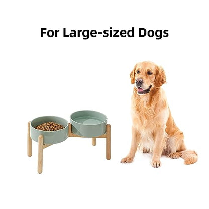 Havniva 8.3inch Ceramic Raised Dog Bowl with Stand, Double Dog Bowls Elevated for Large Breed Dog Food and Water Bowl Set Non-Slip Dog Dish Large Capacity Feeding Pet Water Bowl - color: 2 Bowls+Stand - Light Green, size: 8.3inch