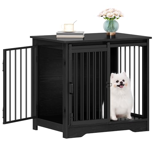 Hzuaneri 27.2" Dog Crate Furniture with Barn Door, Heavy Duty Dog Kennel Indoor with 2 Doors, Wooden Pet Cage End Table for Small Medium Dogs up to 22 lb, Anti-Chew Anti-Escape, Black DFC84304B - color: Black, size: 27.2"L x 19.3"W x 25.4"H
