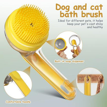 Sosoport Dog Bath Brush with Built-in Soap Dispenser Ergonomic Handle Soft Bristle Pet Grooming Scrubber for Dogs and Cats Massage and Hair Removal 7.48In Portable Shower Brush