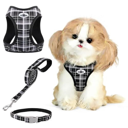 Gyuzh Cat Harness and Leash Set for Puppies - 3 Piece Step in No Pull Vest & Collar, Extra Small Kitten Harness, Breathable Reflective Plaid, Padded Leash (Black, S) - color: Black, size: S