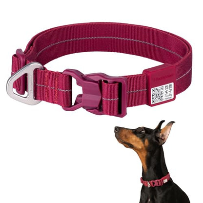 All-Weather Dog Collar Reflective Adjustable Soft Nylon QR Code Anti-Lost Collar Breathable with Quick-Release Buckle Patent Alloy Ring for Small Medium Large Dog (Light-Burgundy, L) - color: Light-Burgundy, size: L
