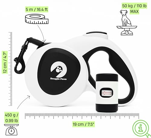 Snuggle Paws Retractable Dog Leash 16ft – Heavy Duty All-in-One Dog Leash with LED Flashlight, Poop Bag Holder, Chew Proof Steel Cable & Reflective Tape – Size L - size: L | 16.4 ft | 110 lbs