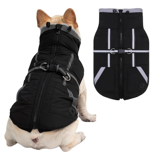 Mihachi Dog Snow Jacket Waterproof Dog Coat with Harness Built in,Thick Fleece Lined & Pockets,Turtleneck Warm Winter Jacket for Middle Dogs Reflective Fleece Vest with Zipper,Snowsuit Outfit,Black M - color: Black, size: Medium