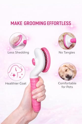Self Cleaning Slicker Brush for Dogs & Cats – Deshedding Grooming Tool with One Click Hair Removal – Gentle for Sensitive Skin - color: PINK