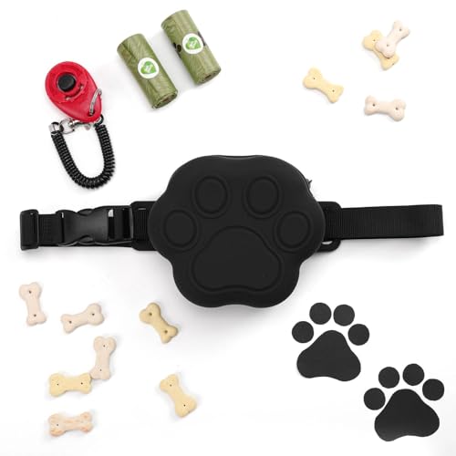 Dog Treat Pouch with Training Clicker and 2 Poop Bags, 1.8 Cup Small Sealable Zipper Silicone Fanny Pack with Waist Belt, Pet Puppy Training & Walking Essentials (Black) - color: Black