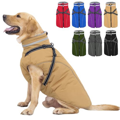 Fragralley Dog Coat with Harness Built in, Waterproof Windproof Reflective Warm Puffer Jacket, Fleece Lined Vest Winter Parka for Small, Medium, Large Dogs - color: Khaki, size: X-Small