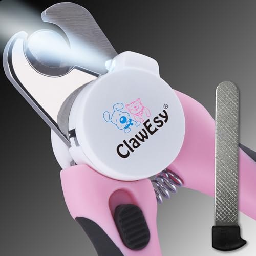 Dog Nail Clipper with Ultra Bright LED Light for Bloodline, Stainless Steel Pet Nail Trimmer with Safety Guard, Ergonomic Handle, Free Nail File for Smooth, Easy Grooming. Dogs and Cats(Pink)