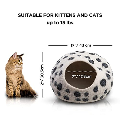 Luxurious Merino Wool Cat Cave - Cats Curl Into Instantly - Foldable Hideaway Pod for Indoor Cats - Felt Kitten Pet Enclosure - Covered Cat House by Woolygon - color: White Polka