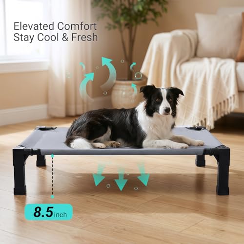 Niubya Elevated Outdoor Dog Bed, Cooling Elevated Pet Cot, Steel-Framed and Non-Slip Feet, Raised Dog Bed with Waterproof, Washable, Breathable Teslin Mesh, 42in - color: Grey, size: 42"L x 30"W x 8.5"H