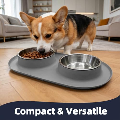 Double Stainless Steel Cat Food Bowls with Non-Slip Silicone Mat, Double Pet Feeder for Food & Water, Spill Proof Cat Dish Set for Small Medium Dogs & Cats, 1.5 Cups Each Bowl, Grey Mediun - color: Grey