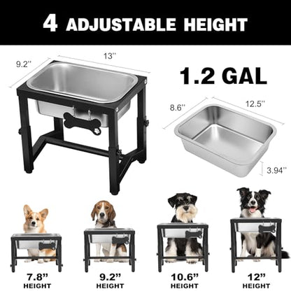 1.2 Gallon Elevated Large Dog Water Bowl, 4 Adjustable Height 7.8'',9.2'',10.6'',12''Raised Stainless Steel Bowl Stand for Small/Medium/Large Breed, Metal Dog Feeding Station for Relief Joint Pressure - size: 1.2 Gallon