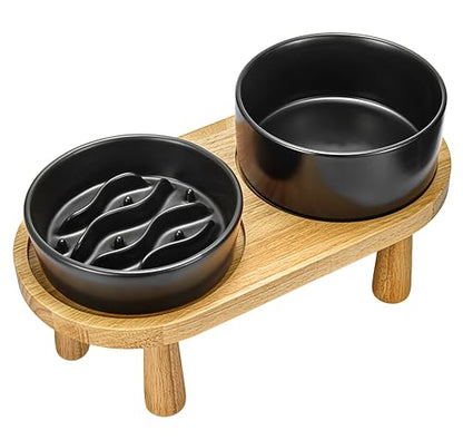 Ceramic Slow Feeder and Water Bowl Set for Small Dogs, 0.6 Cups Dog Slow Feeder(14oz) and 30oz Water Bowl Set, 6in, Black - color: Black, size: 6-Inch