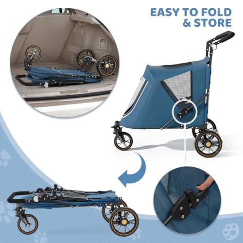 Magshion Pet Stroller for Medium Dogs w/Adjustable Handle, 3-Wheel Dog Cat Wagon w/Dual Entry, Rear Storage, Breathable Mesh, One-Foot Brake, Ideal for Large Pets up to 55 lbs, Navy Blue - color: Navy Blue, style: Up to 55 lbs