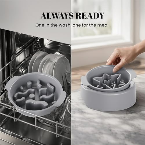 AVERYDAY 3 Pack Slow Feeder Dog Bowl Set, Two Weighted Maze Insert Bowls, Anti-Slip Changeable Puzzle Feeding Bowl for Wet Dry & Raw Dog Food, Slow Eating Deep Pet Food Dish for Medium & Large Breeds - color: Serene Slate