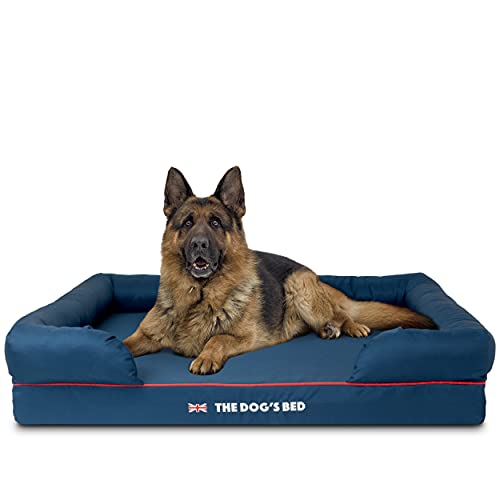 The Dog’s Bed Orthopedic Memory Foam Dog Bed with Bolsters for XL Dogs, Waterproof Washable Cover, Anti-Slip Base, Calming Surface – CertiPUR-Certified Foam, Oxford Fabric, Blue with Dark Red Trim, XL - color: Blue with Red Trim UK Flag, size: XL Beds