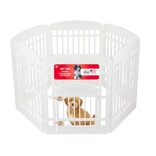 IRIS USA Dog Playpen with Door, 34” 6 Panel Pet Exercise Pen – Indoor Outdoor Puppy Play Pen, Portable Plastic Pet Fence for Small Medium Dogs, Foldable 44” x 63” x 34”, White - color: White, size: 6 Panel - 34" H
