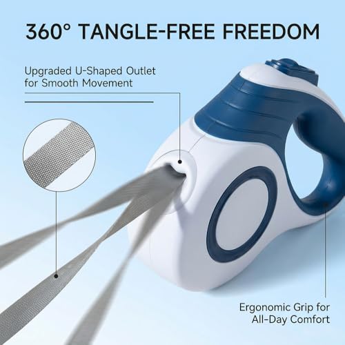 360° Tangle-Free Retractable Dog Leash, 16ft Strong Nylon Tape, Anti-Slip Rubber Handle, One-Handed Brake Pause Lock, for Small to Medium Dogs Up to 55 lbs, (Blue White)