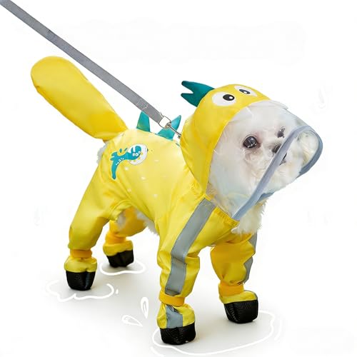 Waterproof Dog Raincoat Full Coverage 4 Legs with Hood Reflective Strips Leash Hole Premium Pet Rainwear for Small Dogs (Little Dinosaur, M-for 5-8lb) - color: Little dinosaur, size: M-For 5-8lb