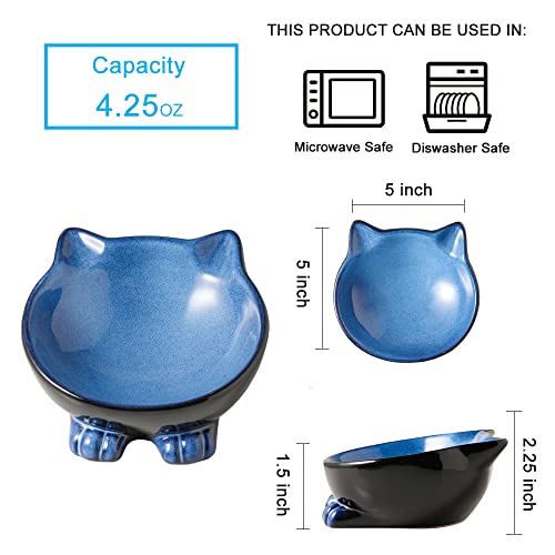 Nihow Ceramic Basic Cat Bowl: 5 Inch Cat Dish for Food & Water - Food Grade, Microwave & Dishwasher Safe - Elegant Blue & Black (4.25 OZ /1 PC) - color: Blue & Black, size: 4.25 OZ