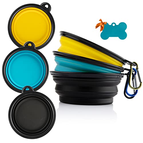3 Collapsible Silicone Dog Bowl, Foldable Expandable Cup Dish for Small Pet Cat Food Water Feeding Portable Travel Bowl, Free Pet ID-Tag, Yellow Blue Black, S - color: Yellow & black & light green