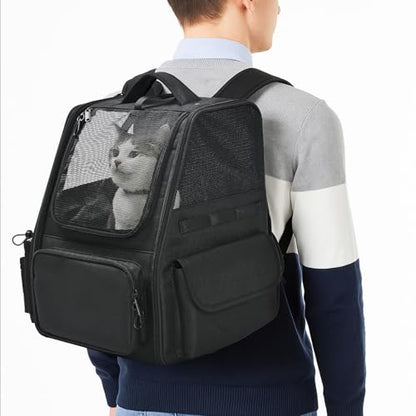 Amazon Basics Pet Backpack for Cats & Small Dogs, Collapsible Travel Carrier with Ventilated Mesh, Removable Pad, and Safety Leash, Black