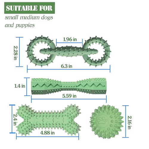 4 Pack Puppy Toys for 2-8 Months Pets Dog Chew Toy for Small Puppies Teething Toys for Cleaning Teeth Food Dispensing Soft Durable Rubber Bone Funny Ball Interactive Donut Treat Dumbbell (Green) - color: Green