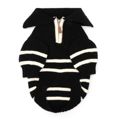 THE WORTHY DOG Striped Quarter-Zip Dog Sweater – Warm Knit Dog Clothes with Zip Collar, Full Sleeves & High-Cut Belly - Black & White, Small - color: Stripe 1/4 Zip - Black/White, size: Small
