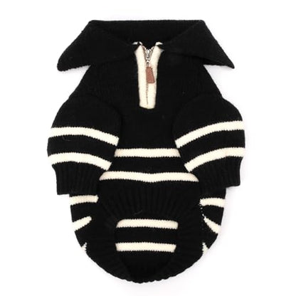 THE WORTHY DOG Striped Quarter-Zip Dog Sweater – Warm Knit Dog Clothes with Zip Collar, Full Sleeves & High-Cut Belly - Black & White, Small - color: Stripe 1/4 Zip - Black/White, size: Small