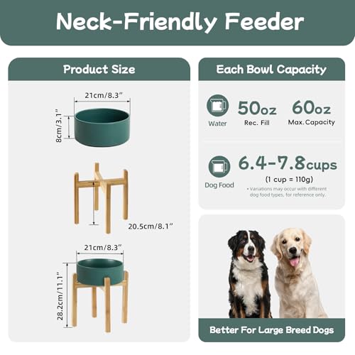 Havniva 8.3” Dog Bowls Elevated Ceramic Dog Food and Water Bowl, Raised Dog Water Bowl with Stand Non-Slip Rubber Base Large Capacity Feeding Pet Food Bowl for Large Dogs - color: Matte Dark Green - Bowl+Stand, size: 8.3 Inch